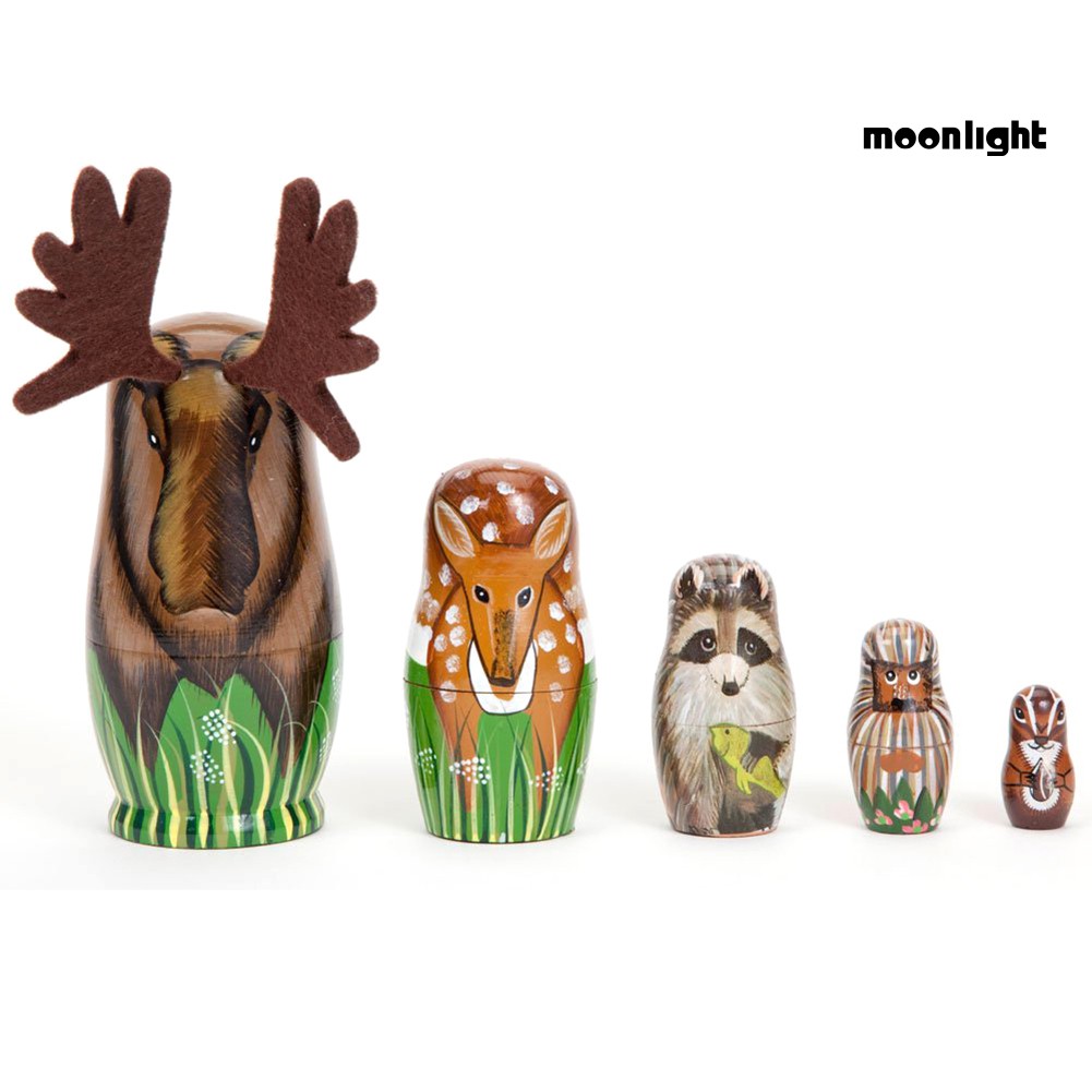 Set 5 Mô Hình Búp Bê Matryoshka Bằng Gỗ Vẽ Tay Hình Hươu