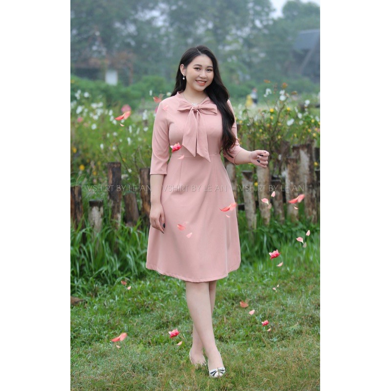váy hồng be cổ nơ