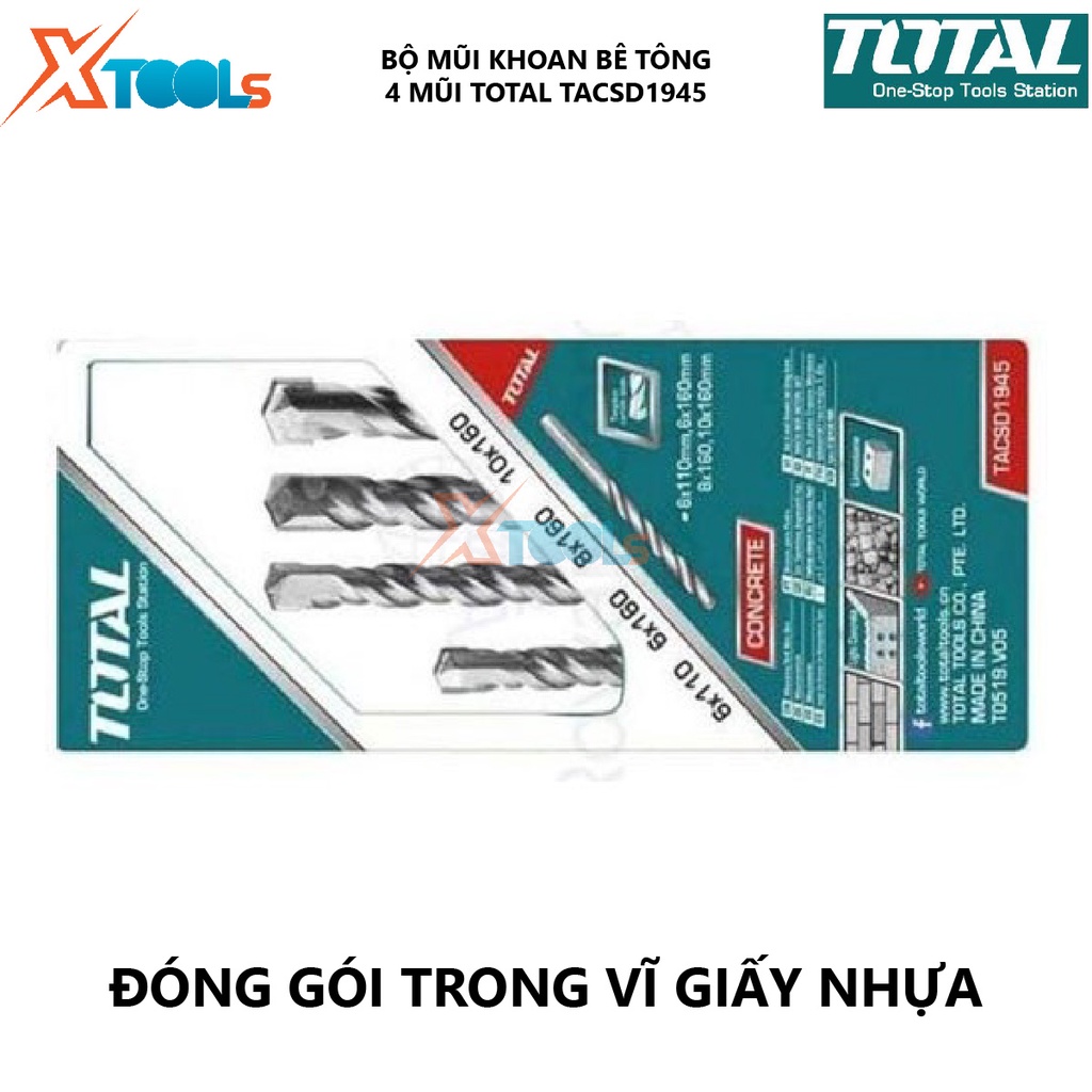 Bộ 4 mũi khoan bê tông TOTAL TACSD1945 combo 4 mũi đục bê tông hỗ trợ khoét lỗ trên bề mặt vật liệu như sắt, thép, gỗ, b