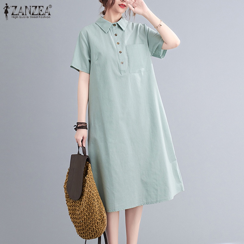 Đầm midi Zanzea tay ngắn cổ bẻ có túi phong cách vintage thời trang cho nữ