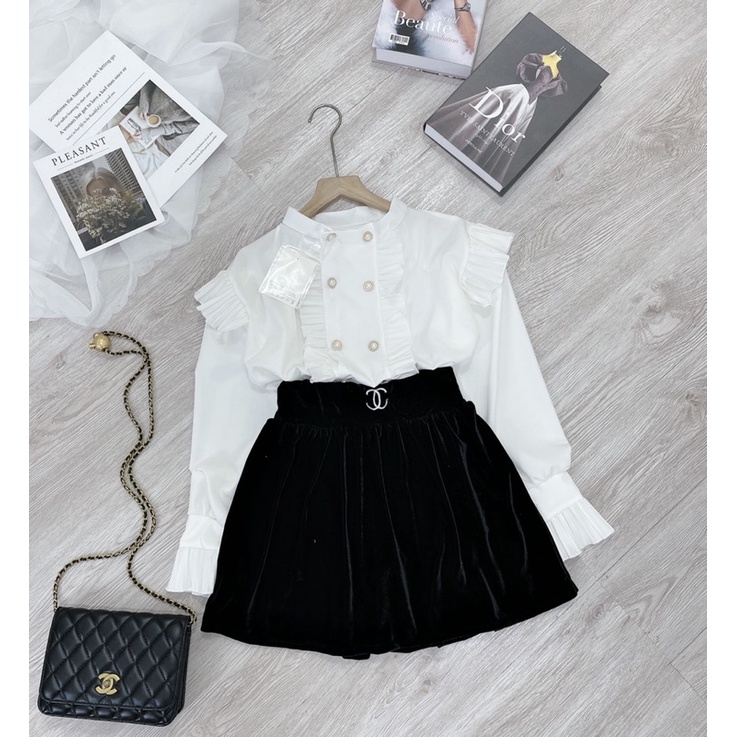 Set Áo Sơ Mi Bèo Chân Váy Nhung Xoè