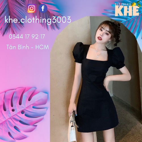 - Váy xòe nữ ngắn, dáng xoè tay phồng, cổ chữ U màu đen đơn giản, đầm nữ công sở