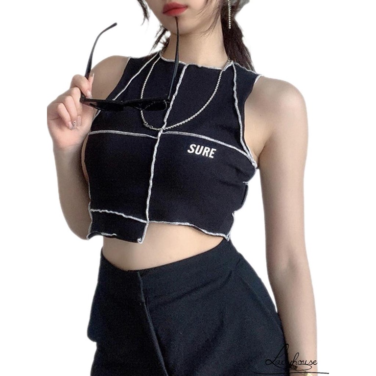 Áo Croptop Không Tay Co Giãn Họa Tiết Hình Học Cho Nữ