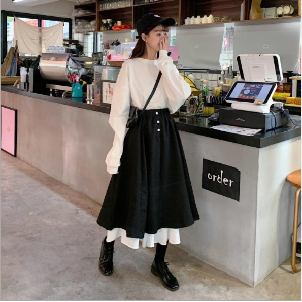 Chân váy phối khuy trắng cạp cao, chân váy dài ♥️ Chân váy ulzzang, chân váy xòe ♥️ Chân váy lưng cao - NhimShop CV11 | BigBuy360 - bigbuy360.vn
