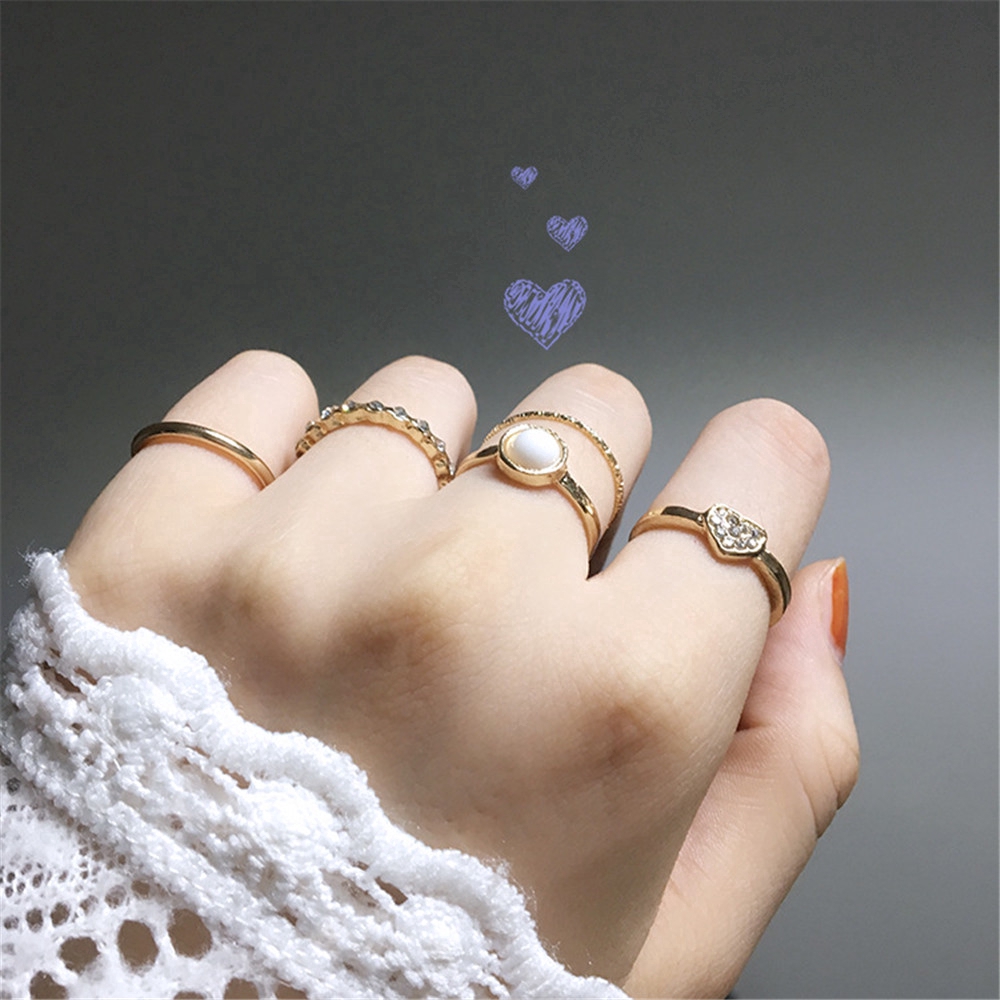 woman Korea simple 5 Pcs Pearl Heart Combination Ring charm girls rings set