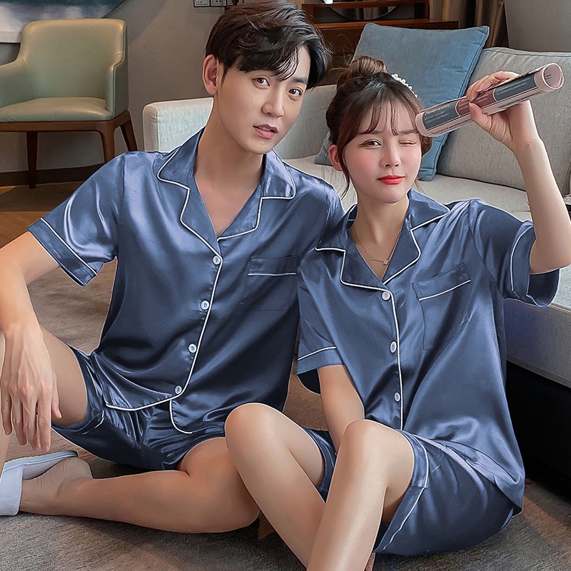 Bộ Đồ Ngủ Tay Ngắn Vải Lụa Satin Phong Cách Hàn Quốc Plus Size M-5Xl Cho Nam Và Nữ
