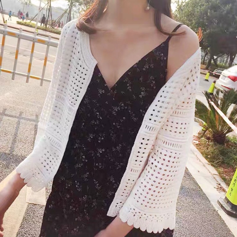Brroa Áo Khoác Cardigan Dệt Kim Tay Loe 3 / 4 Phối Ren Họa Tiết Kẻ Sọc Thời Trang Xuân Hè Cho Nữ