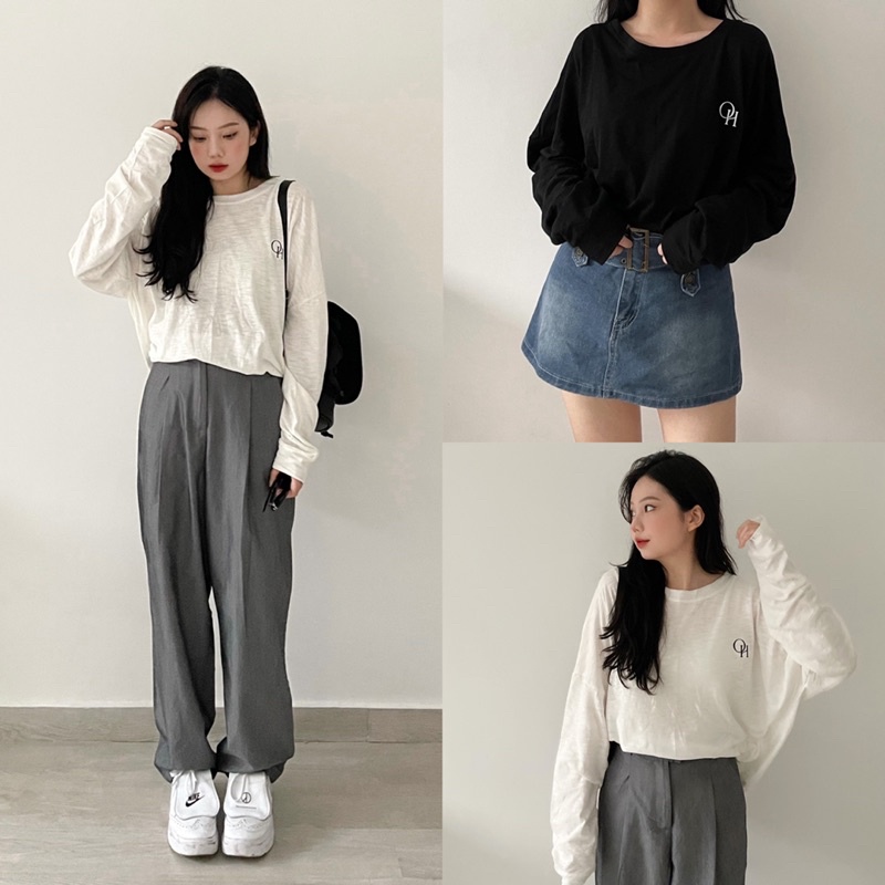 Áo tay dài xược cotton thêu logo OH OH