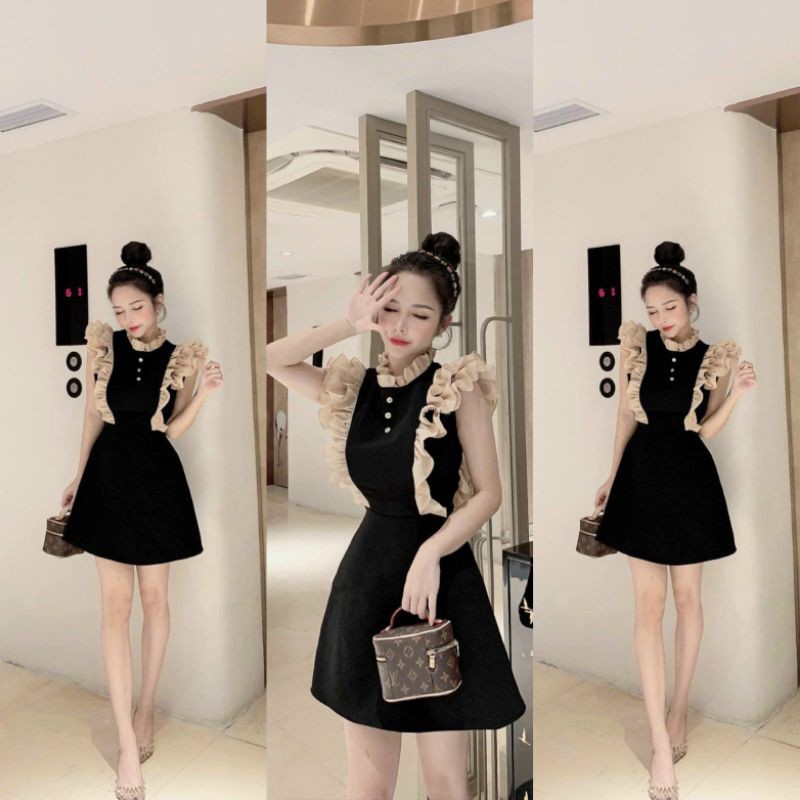 V672 Đầm hot girl, Đầm thiểu thư siêu sang chảnh, cổ xếp ly phối cúc ngọc, tay cánh tiên xếp ly tỉ mỉ