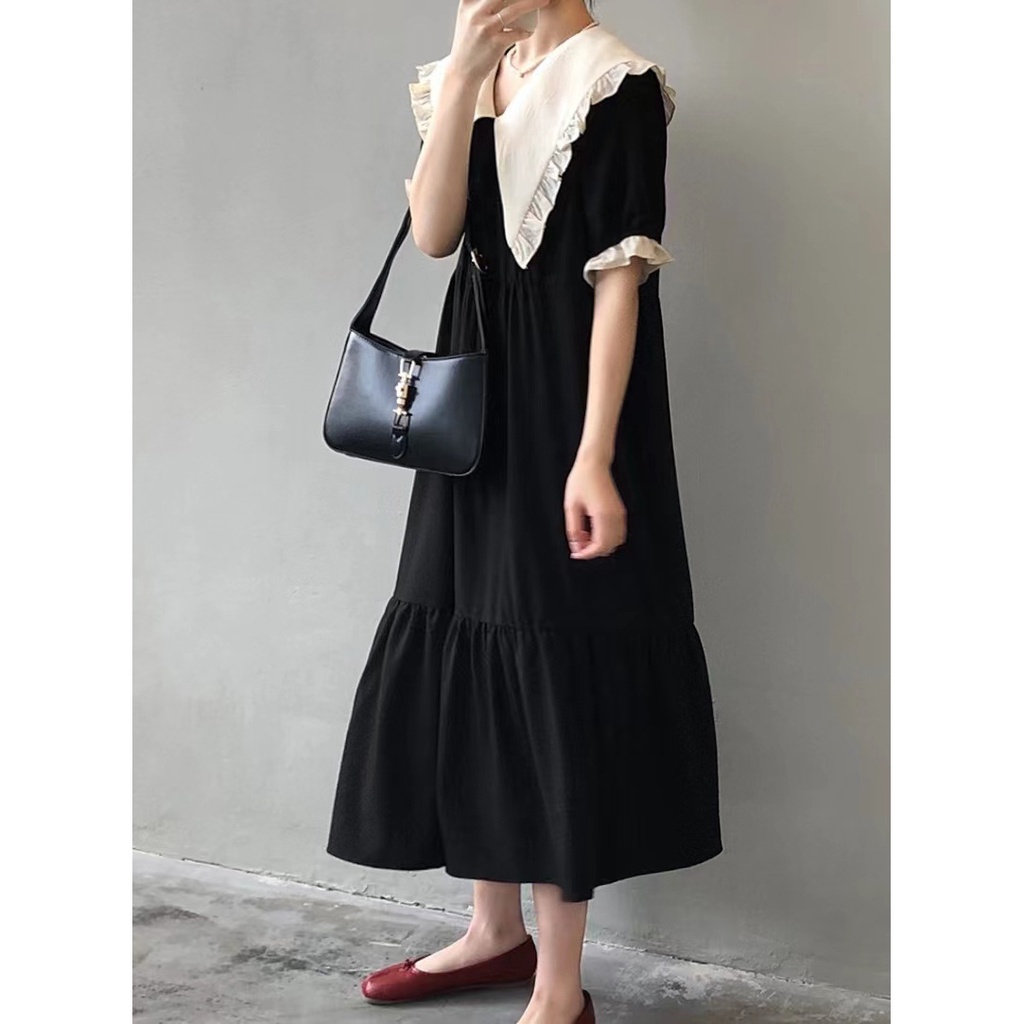 Đầm Cổ Bẻ Dáng Rộng Màu Sắc Tương Phản Phong Cách Retro Pháp Thời Trang Mùa Hè 2022 3118 Dành Cho Nữ