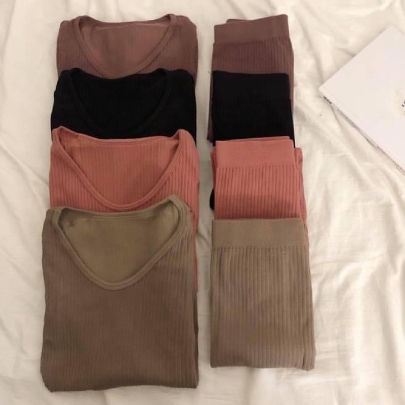 Set pyjama dài len dệt tăm gân thun co dãn áo cổ tròn ôm sát body - Order taobao quảng châu
