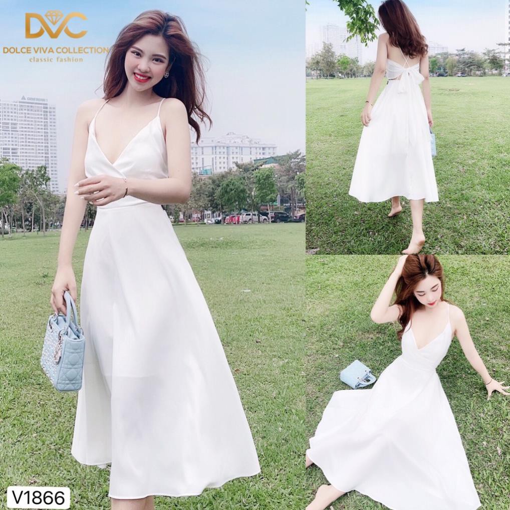 Váy maxi trắng nơ V1866  - Đẹp Shop DVC - Kèm ảnh thật trải sàn do shop tự chụp