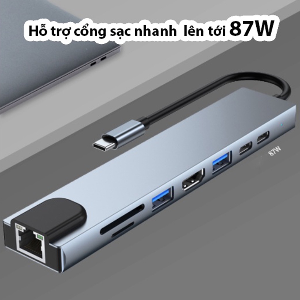 Hub Type C C8 đa năng 8 cổng, cổng LAN Gigabit RJ45 tốc độ truyền mạng 100Mbps - Hub chuyển đổi macboook C6 | BH 2 Năm