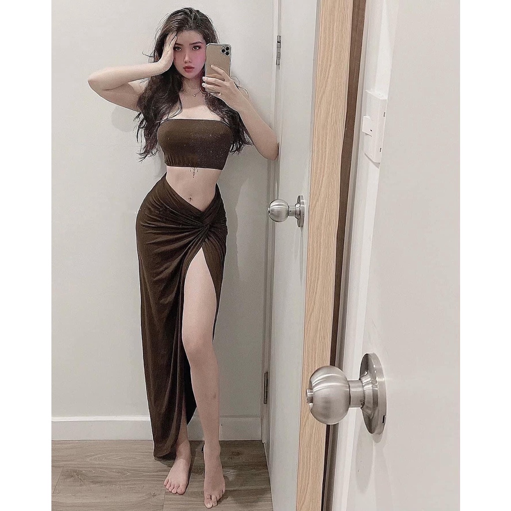 Set bikini đi biển kèm váy dài xanh rêu xẻ đùi siêu xinh S11