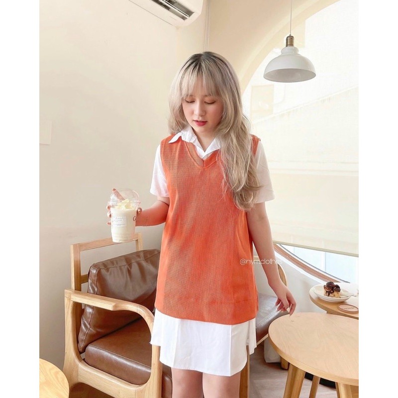 [Mã FAGREEN245 giảm 10% tối đa 30K đơn 99K] Set sơ mi giấu quần phối áo gile gân cam | BigBuy360 - bigbuy360.vn