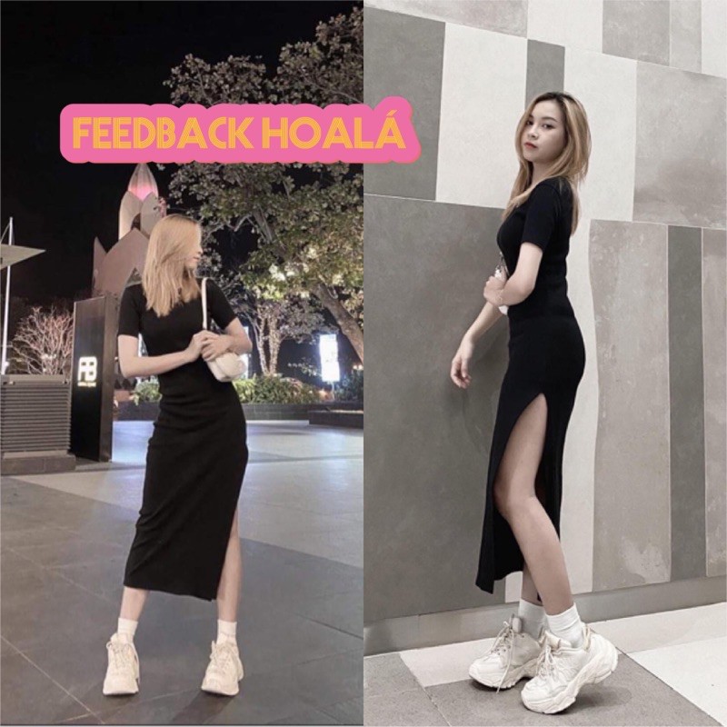 Đầm ôm body xẻ tà tay ngắn chất thun gân siêu co giãn D15