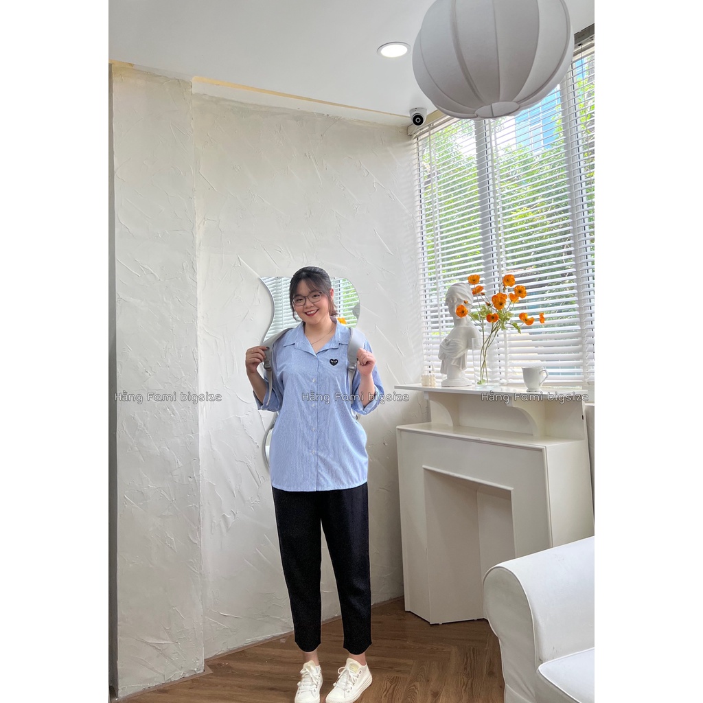 Áo sơ mi kẻ sọc dài tay nữ hình thêu tim bigsize