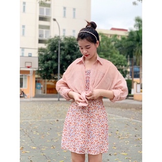 Set Đầm 2 dây hoa nhí, (có mút ngực) + KÈM áo sơ mi hồng phom rộng, nữ tính sang chảnh