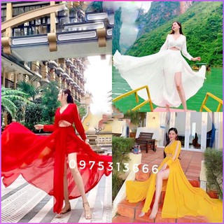 Set Maxi Đi Biển, Váy Maxi Đi Biển V1177, Chất Voan, Xẻ Tà,Màu Trắng, Vàng, Siêu Phẩm Của Tín Đồ Sống Ảo, Xinh Ngất Ngây