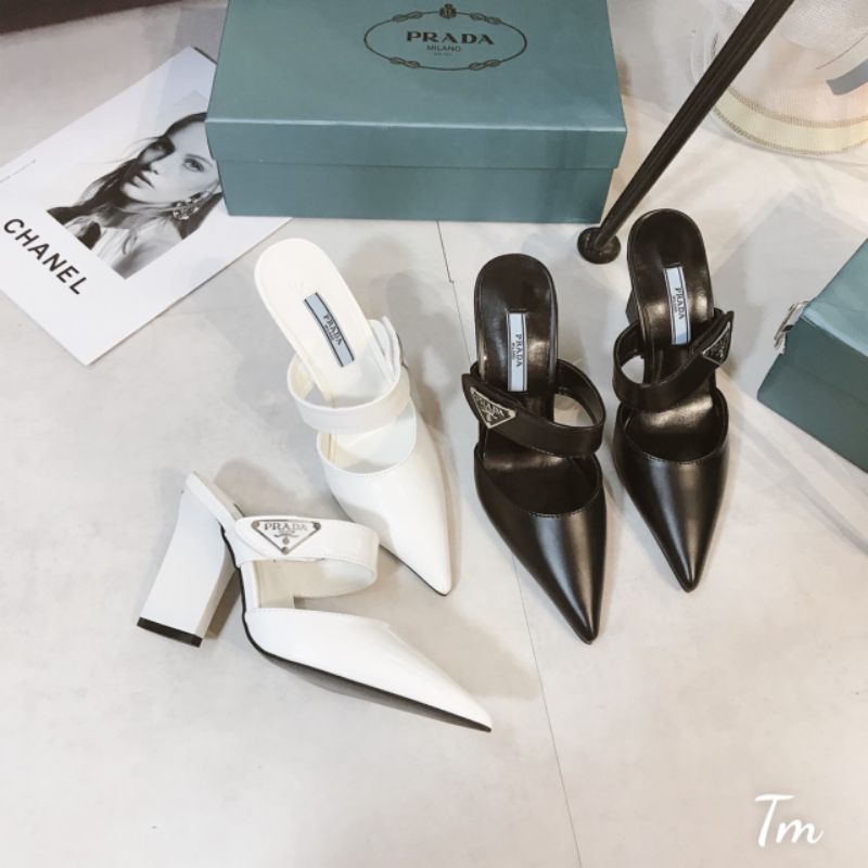 T(ẢNH THẬT) Guốc 8p Mũi Nhọn Prada Da Mềm Êm Fullbox Cao Cấp
