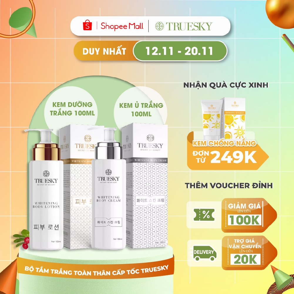 Bộ tắm trắng toàn thân Truesky dạng vòi nhấn gồm 1 chai ủ trắng 100ml & 1 chai dưỡng trắng 100ml
