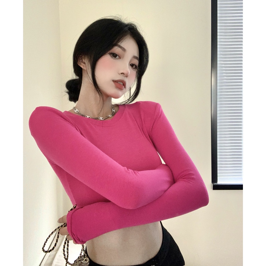 HUANG YOYO Áo Thun Tay Dài Cổ Tròn Thời Trang Quyến Rũ Phong Cách Hàn Quốc Cho Nữ