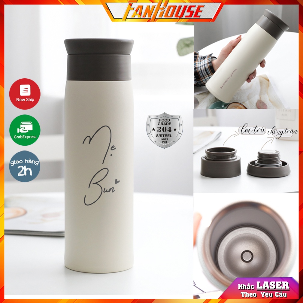 Bình giữ nhiệt Tyeso Favour 500ml bình nước khắc tên giữ nhiệt 12h inox 304 Fan House tặng que rửa bình, Sticker