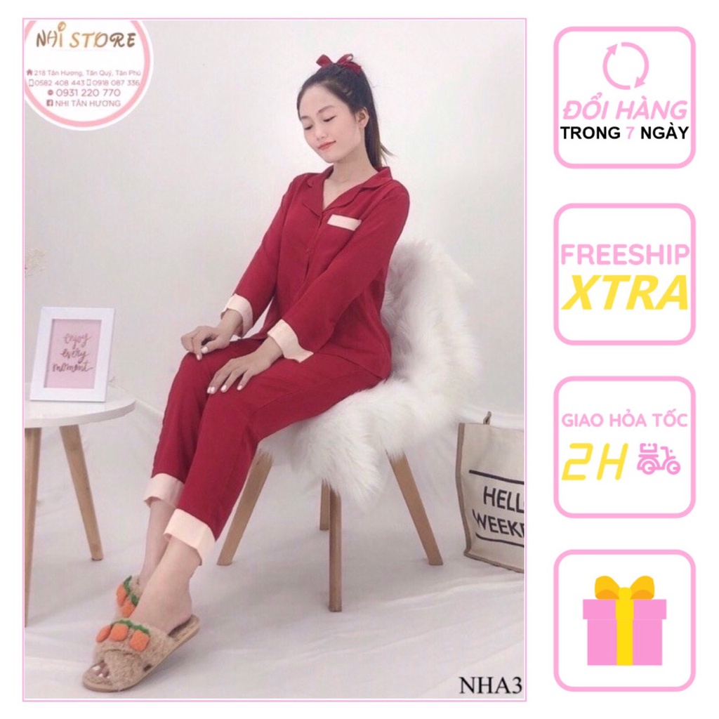 [FREESHIP 50K] Bộ Mặc Nhà Pijama Nhistore Quần Dài Tay Dài Phối Nẹp Lụa Satin Cao Cấp Size 45-65kg
