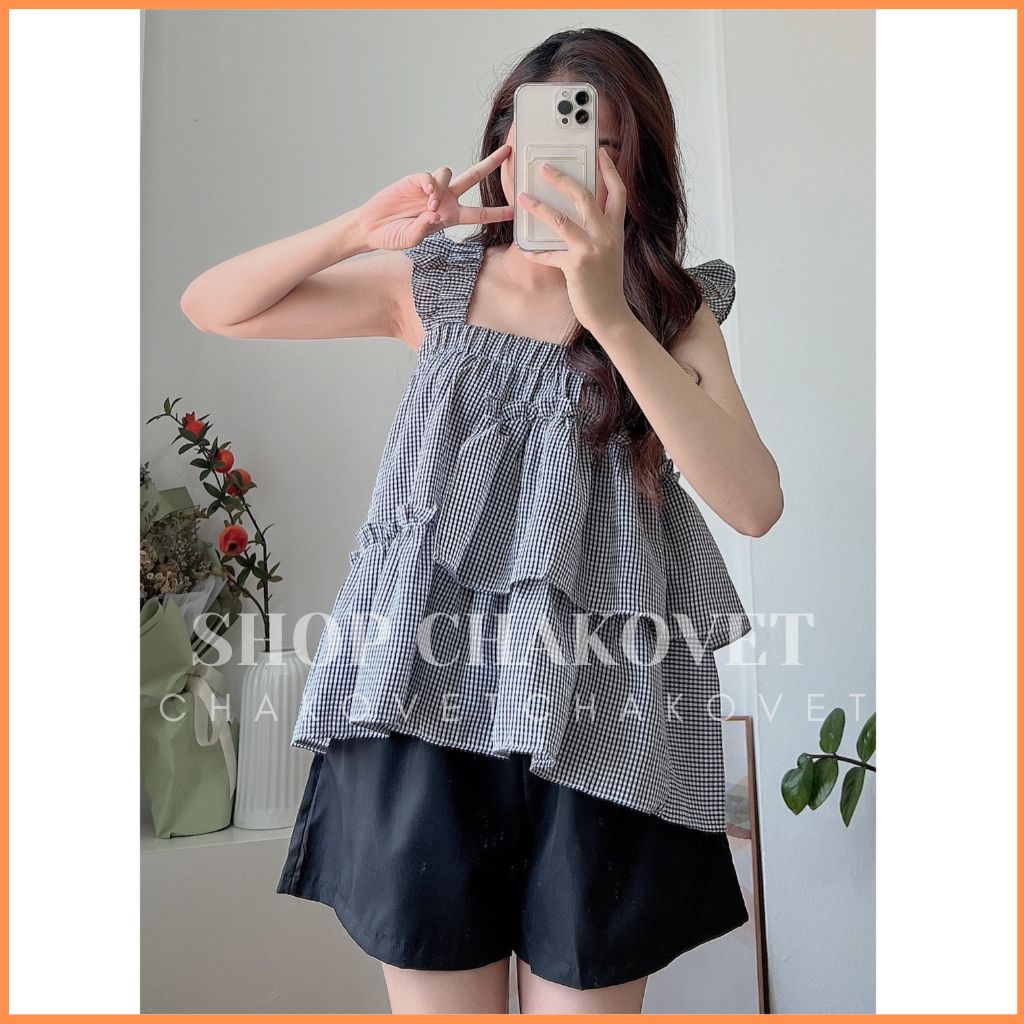 Set áo 2 dây cánh tiên kèm quần sooc S8381 Bộ đồ nữ tiểu thư dáng babydoll Hàn Quốc cách điệu bèo lệch cực xinh bánh bèo