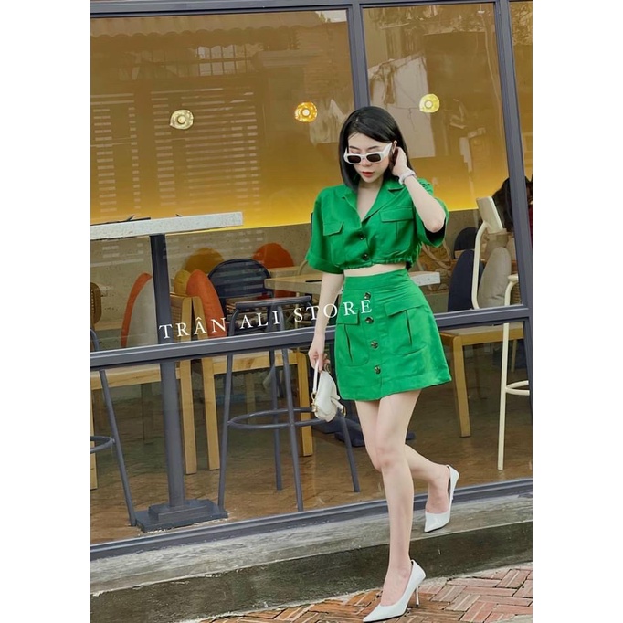 Sét bộ croptop nữ áo vest kết giây phối chân váy xòe hàng nút trẻ trung GKM