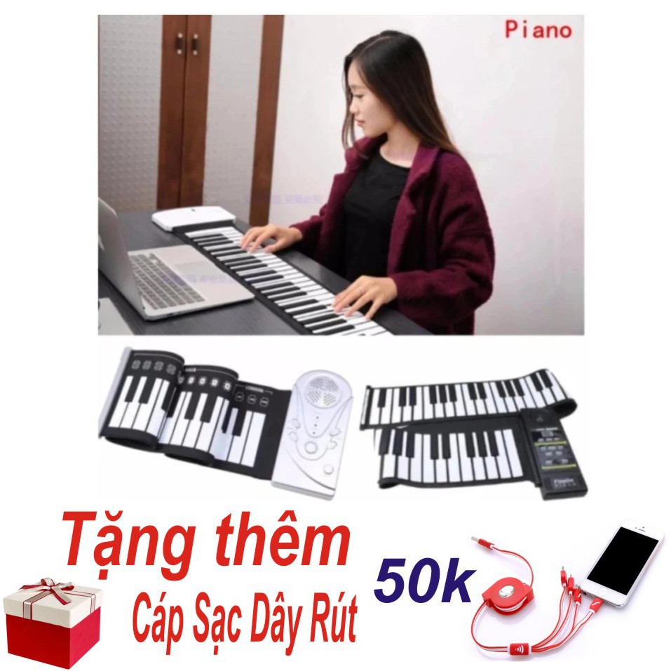 Đàn Piano Điện Tử Bàn Phím Cuộn Dẻo 49 Keys (Trắng) - Hàng Nhập Khẩu + Tặng Ngay Cáp Sạc Dây Rút 4 Đầu