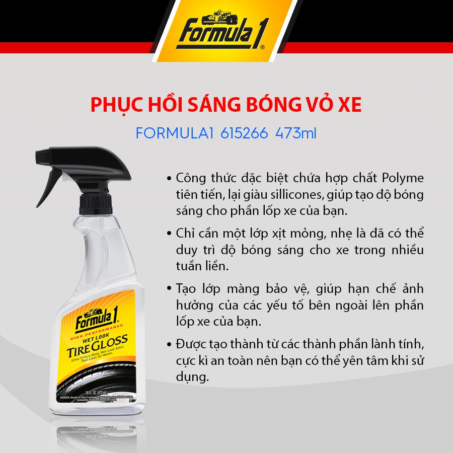 Chai xịt phục hồi vỏ lốp xe ô tô FORMULA1 615266 473ml