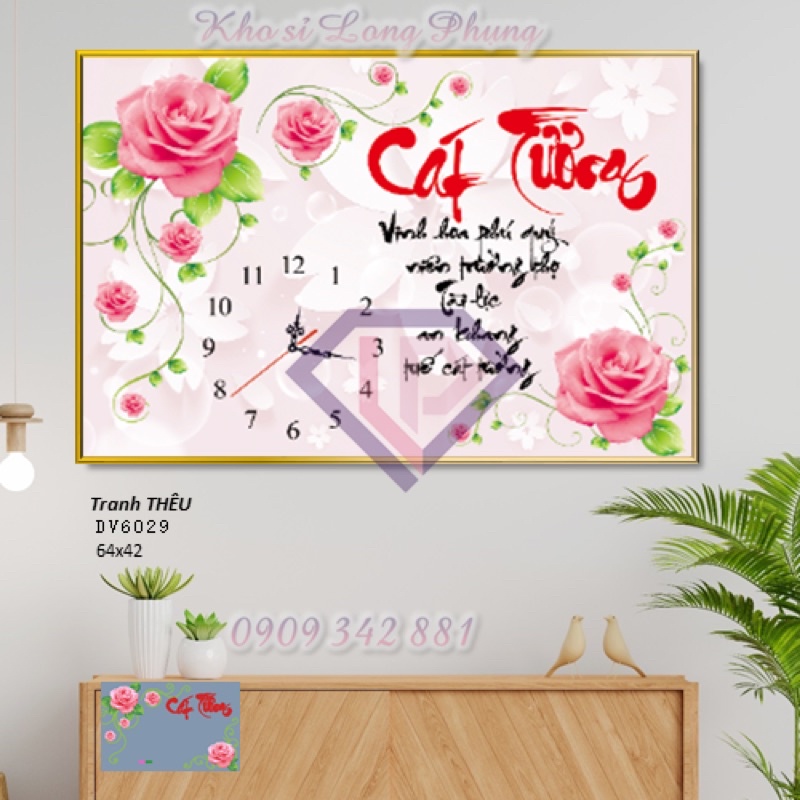 Tranh thêu Chữ thập Đồng hồ cát tường m Dv6029 (65 cm ngang , cao 47 cm ) chưa thêu