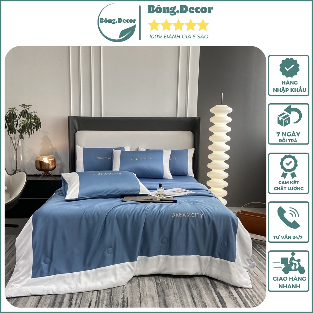 Bộ chăn ga gối lụa DREAM CITY chăn chần mới nhất được ra mắt, ga giường và vỏ gối lụa nhập khẩu cao cấp hoa văn đơn giản