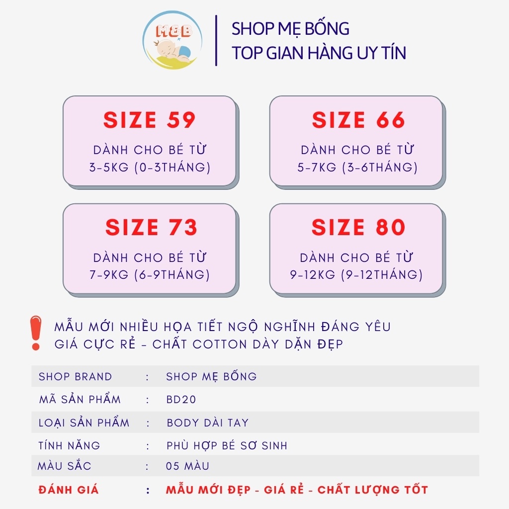 Body sơ sinh bodysuit cho bé trai gái quần áo trẻ em sơ sinh từ 0-12 tháng tuổi, 3-12kg hàng QC đẹp – BD20