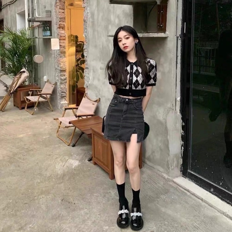 ÁO POLO KẺ ULZZANG CROPTOP CHẤT LEN