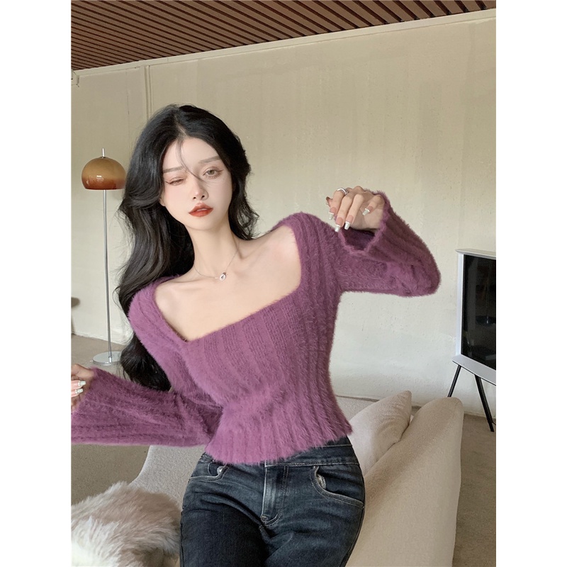 Áo Sweater Dệt Kim Cổ Vuông Màu Tím Thời Trang Quyến Rũ Cho Nữ