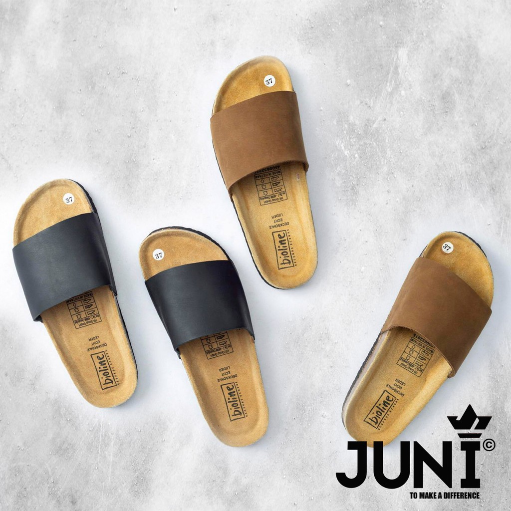 [DA BÒ THẬT] D05-Dép da sandal quai ngang Birken Bioline Unisex (Đế trấu) - Juni Store