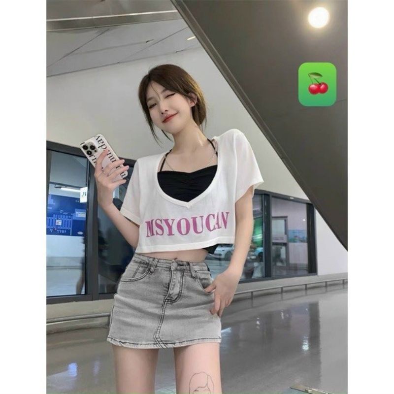 Sét áo cổ tim Croptop (gồm áo ngoài &amp; áo yếm bên trong) A15
