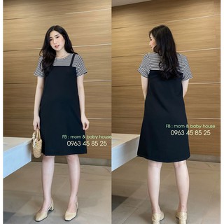 Đầm bầu liền 2 dây phối áo kẻ