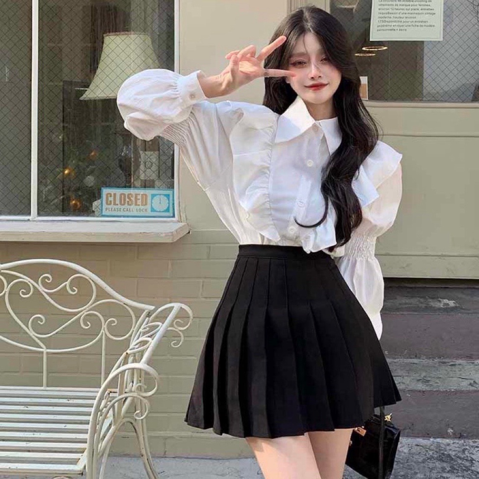 Sơ mi nữ dài tay quảng châu bánh bèo dễ thương, áo Sơ mi trắng tiểu thư đẹp đi chơi dự tiệc cực xinh