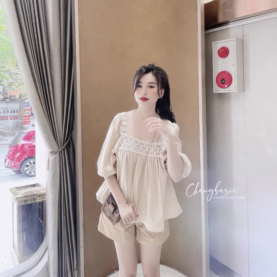 Set Áo Đũi Cổ Vuông Phối Ren Mix Quần Short Siêu Đẹp