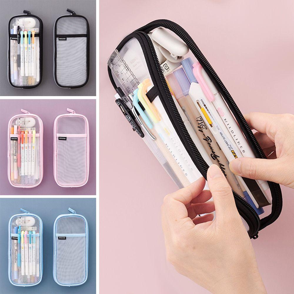 PISTA Túi Đựng Bút Bằng Lưới Hai Lớp Trong Suốt Sức Chứa Lớn Dễ Thương