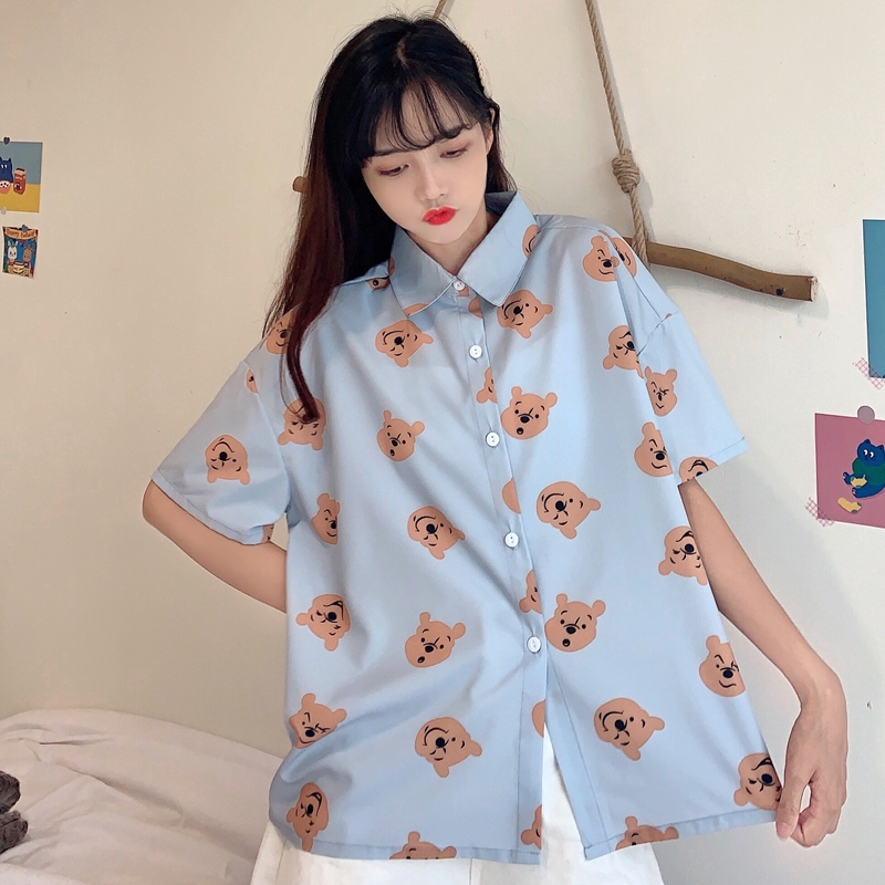 SUXI Áo kiểu nữ tay ngắn họa tiết hình chú gấu phong cách Nhật Bản