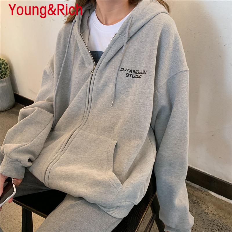 Y & R Áo Khoác Cardigan Có Mũ Trùm Dáng Rộng Dày Dặn Phong Cách Hàn Quốc Hợp Thời Trang Thu Đông bf Dành Cho Bạn Nữ