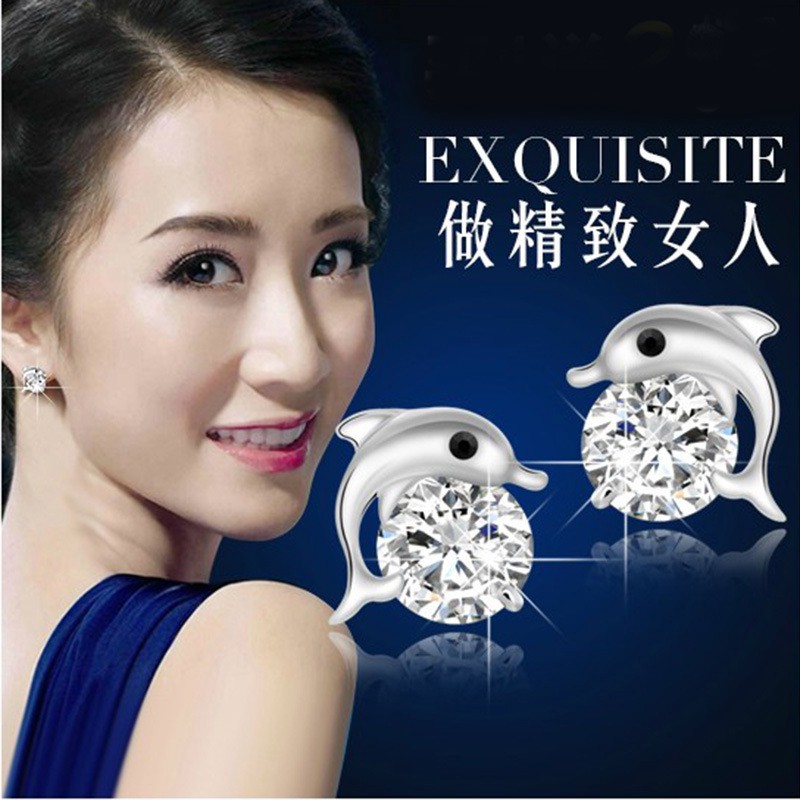 Khuyên tai mạ bạc 925 họa tiết cá heo thời trang Hàn Quốc