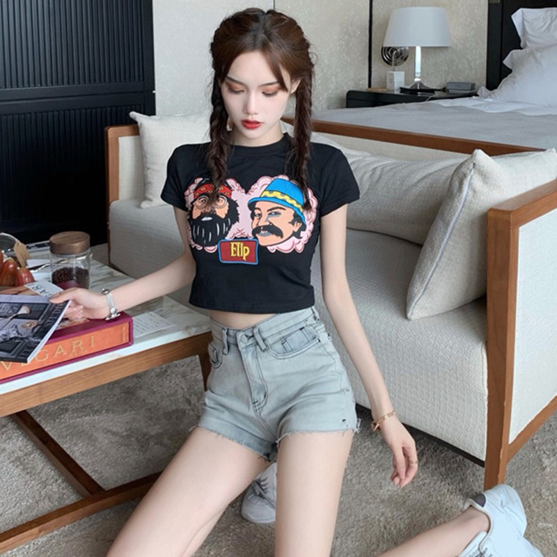 Áo Croptop Tay Ngắn Cổ Tròn Hoạ Tiết In Phong Cách Hàn Quốc