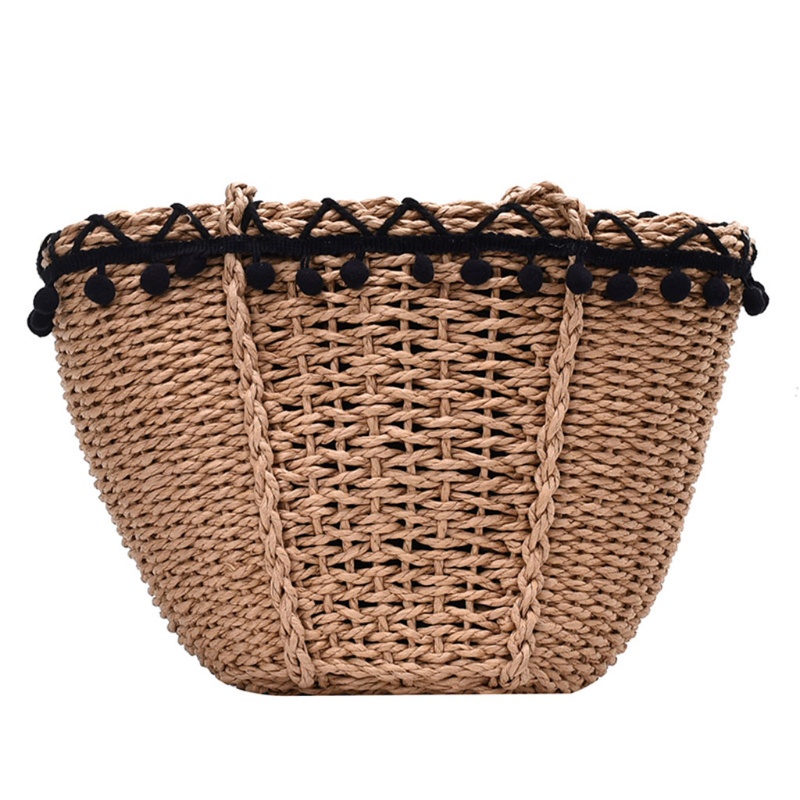 Giỏ Đan Rơm Đeo Vai Phối Tua Rua Và Quả Cầu Lông Xù Kiểu Vintage