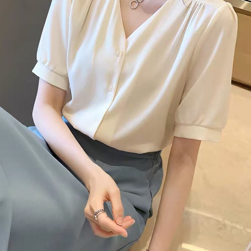IELGY Áo Sơ Mi Tay Ngắn Cổ Chữ V Dáng Rộng Phong Cách Hàn Quốc Thời Trang Mùa Hè Mới Cho Nữ
