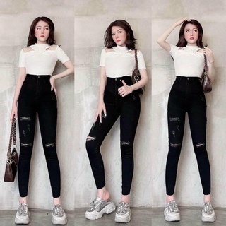  Quần jean nữ màu đen rách gối cực đẹp quần dài nữ ôm dáng chất vải denim co giãn SOLO STORE M702 